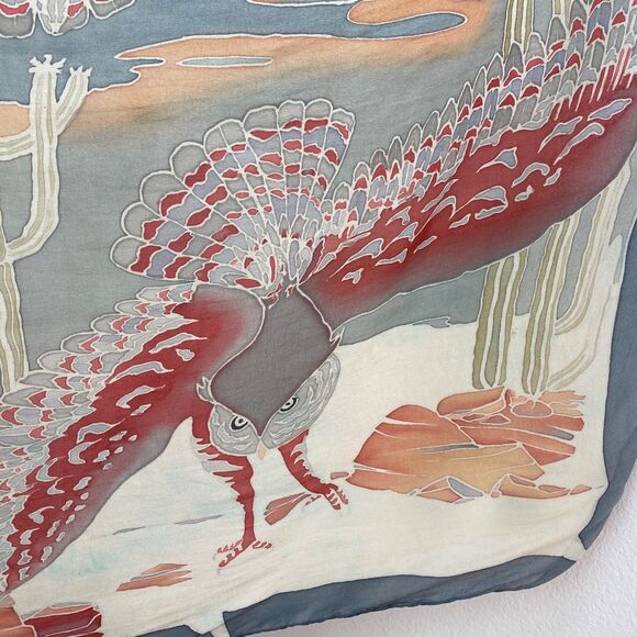 Large Square Flying Owl Scarf Desert Scene Lightweight 40"X42" Hand Rolled Silk - Picture 3 of 7